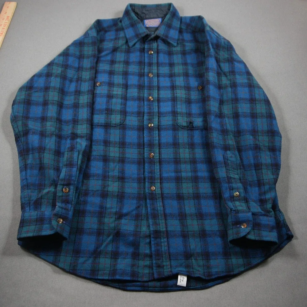 Pendleton Vintage Plaid Wool Flannel Men Shirt L Western Blue Logger Cabin Retro